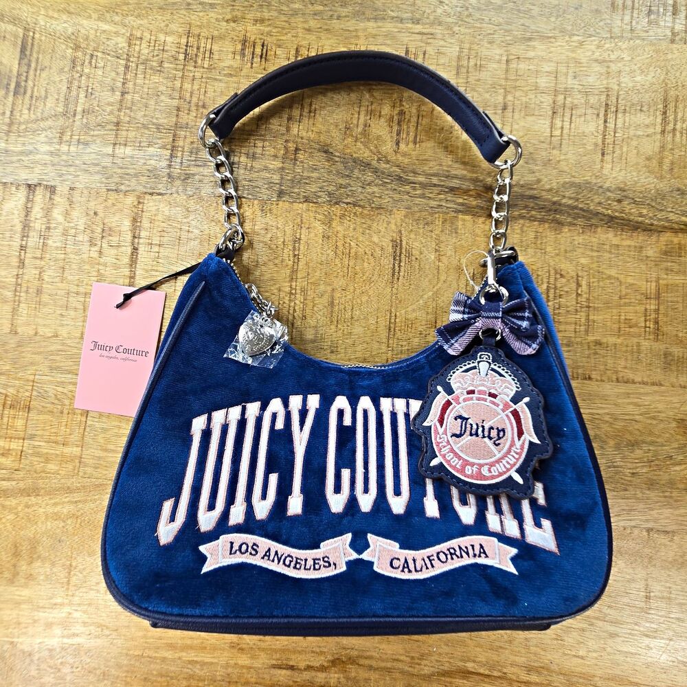 Juicy Couture Navy Velour Couture University Crescent Shoulder Bag NWT